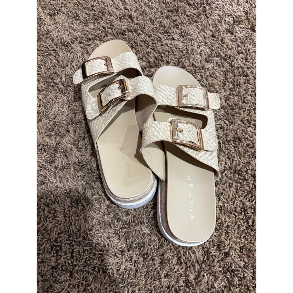 Madden Girl Mythicall Raffia Slide Sandals Beige Gold Buckle Platform Womens 9M
